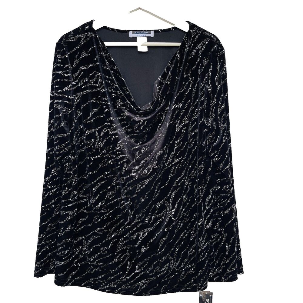 Leslie Fay Women's Blouse 3X Black Velvet Cowl Neck Sparkle Top Soft Glam NWT